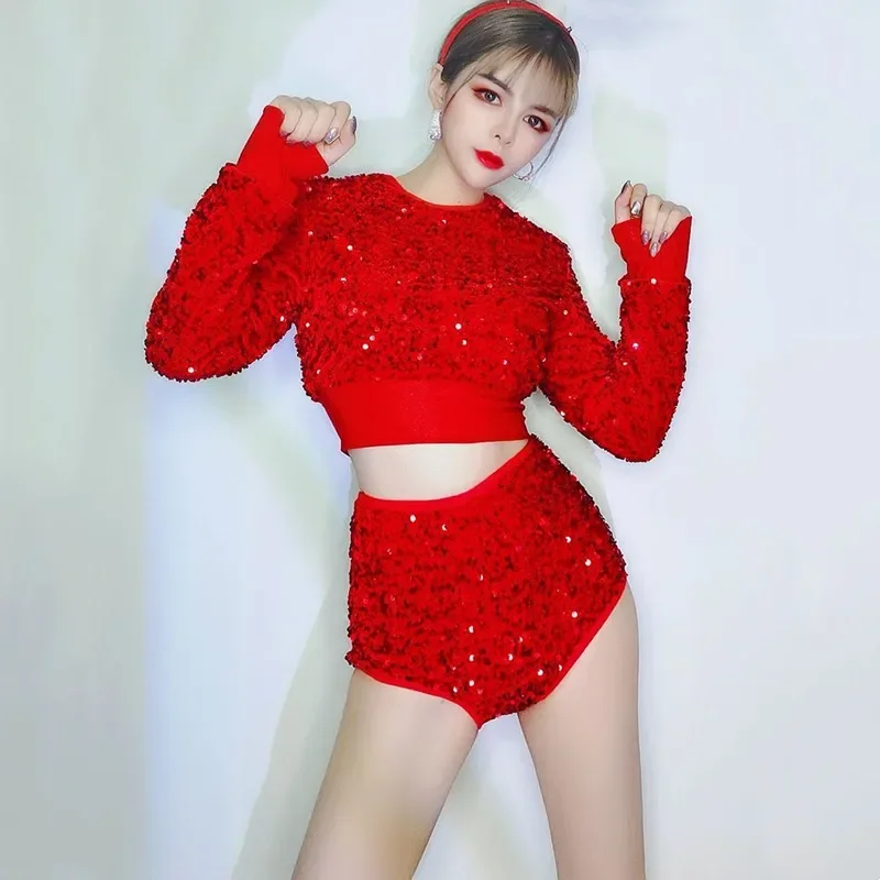 

Женский костюм для танцев, красный танцевальный костюм с блестками