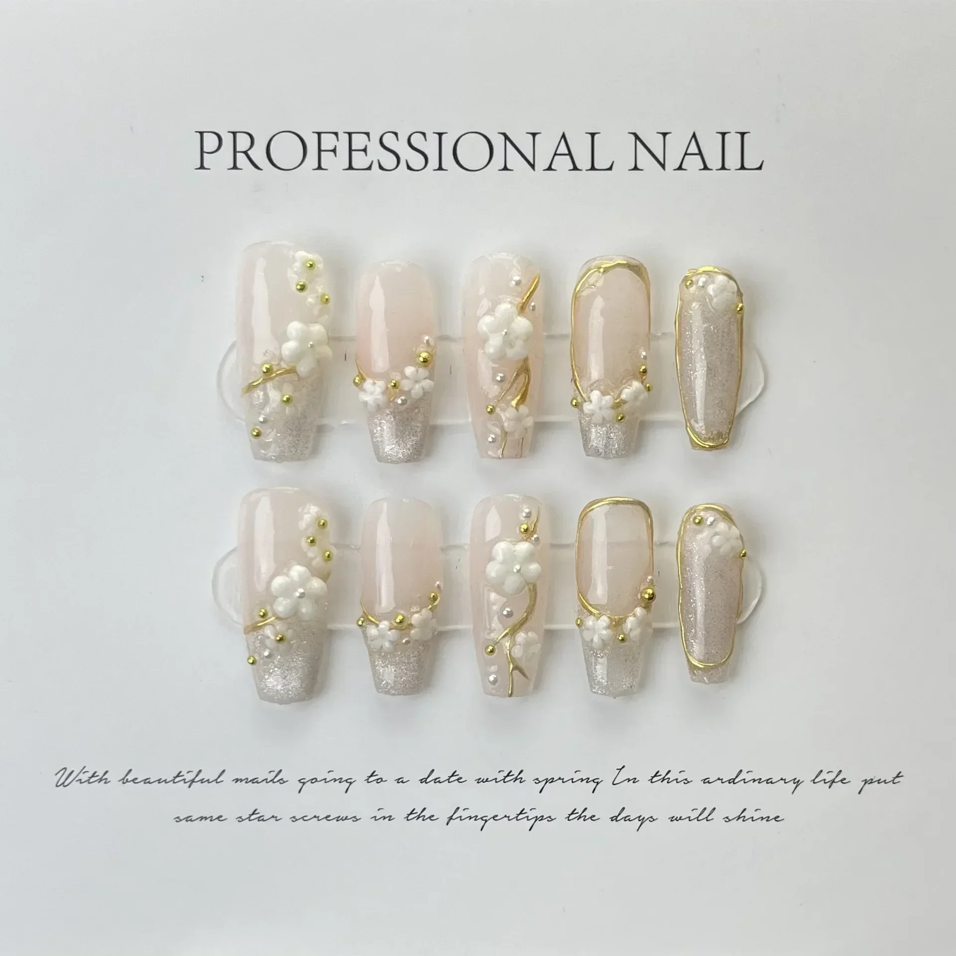 10pc Detachable Long Ballet Green False Nails with Camellia Butterfly Full Cover Press on Acrylic Nail Coffin Korean Style Nails