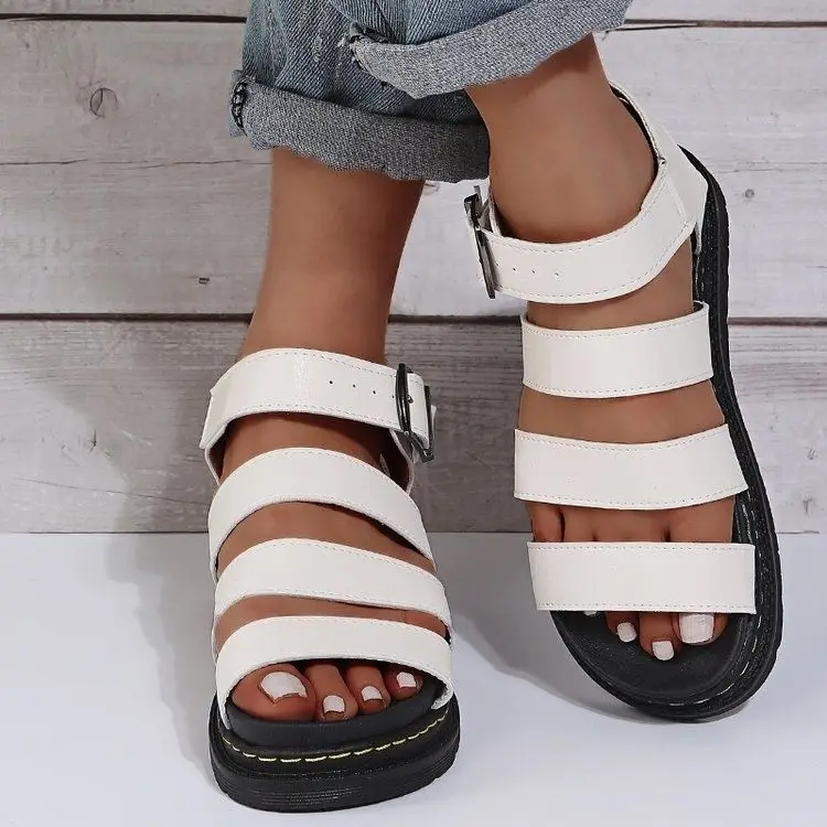 2024 New Luxury Summer Women Sandals Buckle Casual Beach Shoes Thick Bottom Big Size Flat Martin Sandals Minimalist design Shoes