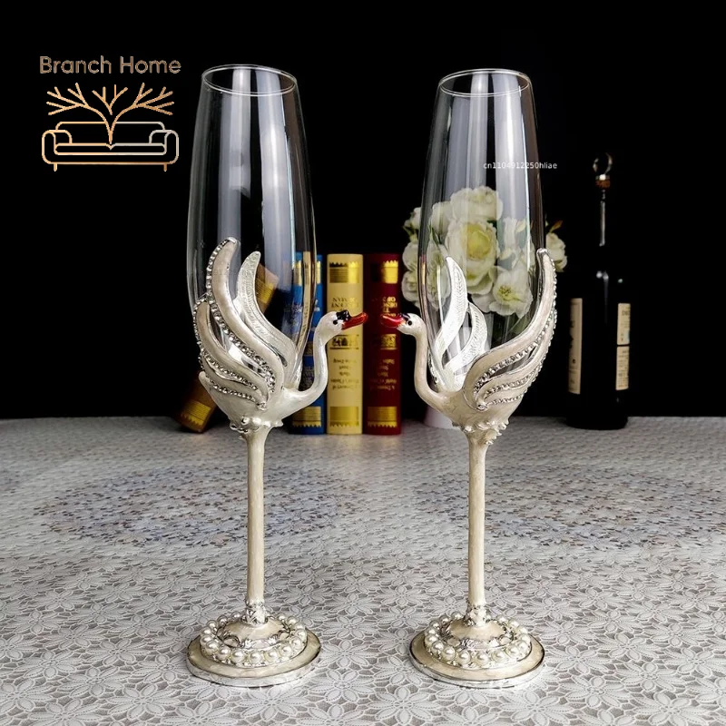 Luxury Original Swan Champagne Glass Crystal Cocktail Cup With Enamel Design For Red Wine Bar Wedding Gift Set Home Bar Decor