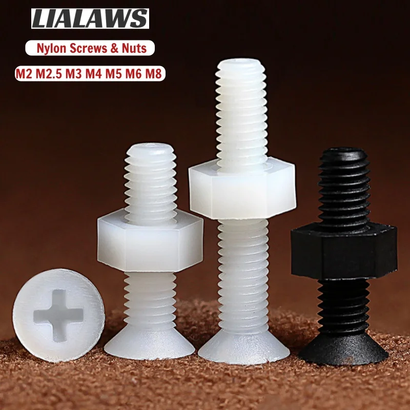 M2 M2.5 M3 M4 M5 M6 M8 White Black Nylon Flat Head Bolt Nut Combination Countersunk Head Phillips Bolts Plastic Insulation Screw