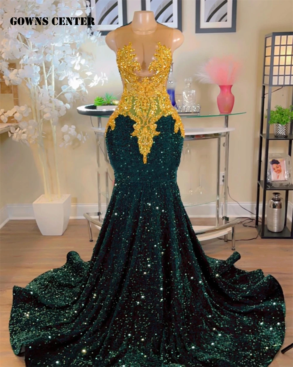 green dress with leaves Foil Leaf Short Sleeve Gown With Draped Details In Green Pine Gold