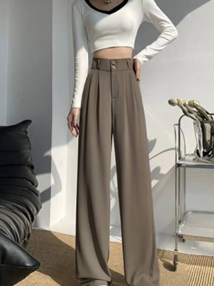 High Waist Wide Leg Pants for Women New Loose Straight Coffee Trousers Autumn Double Buttons Casual Suit Pants Female