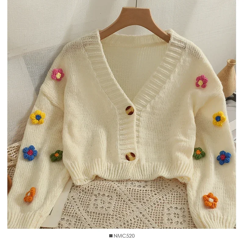 New Autumn Colourful Applique Flower Cardigan for Women Cute Long  V-neck Knit Crop Sweater Girl Soft Knitwear