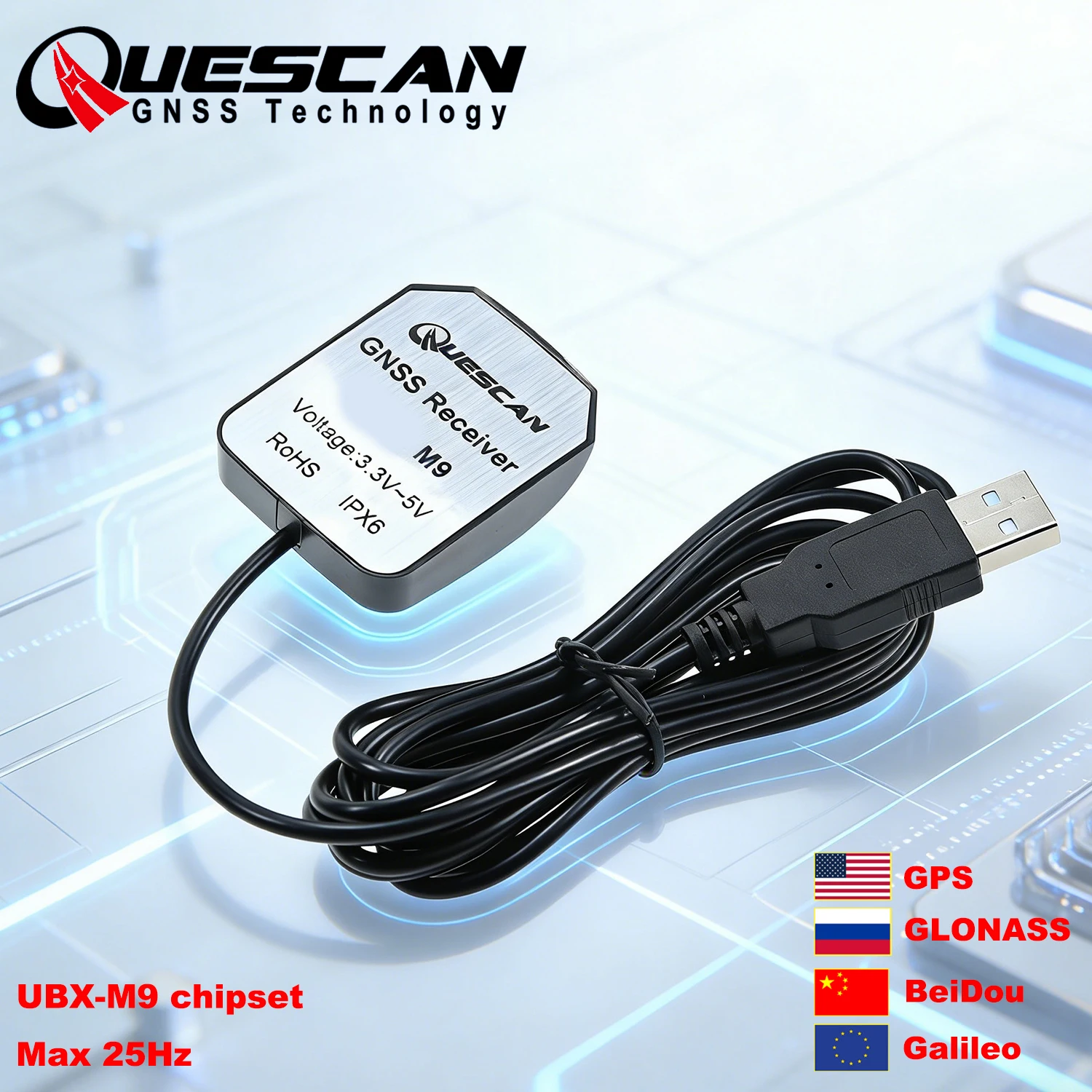 QUESCAN External USB GPS GNSS Antenna Receiver UBX M9 M9N USB GPS Galileo GLONASS BeiDou QZSS SBAS NMEA UBX RTCM 1-25Hz M9140