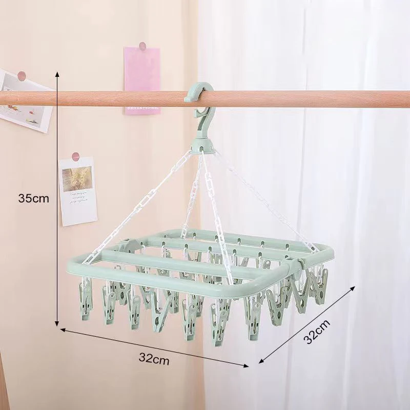 Clothes Drying Hanger with 32 Clips and Drip Foldable Hanging Rack for Socks,Bras,Towel,Underwear,Hat,Scarf,Pants,Baby Clothes