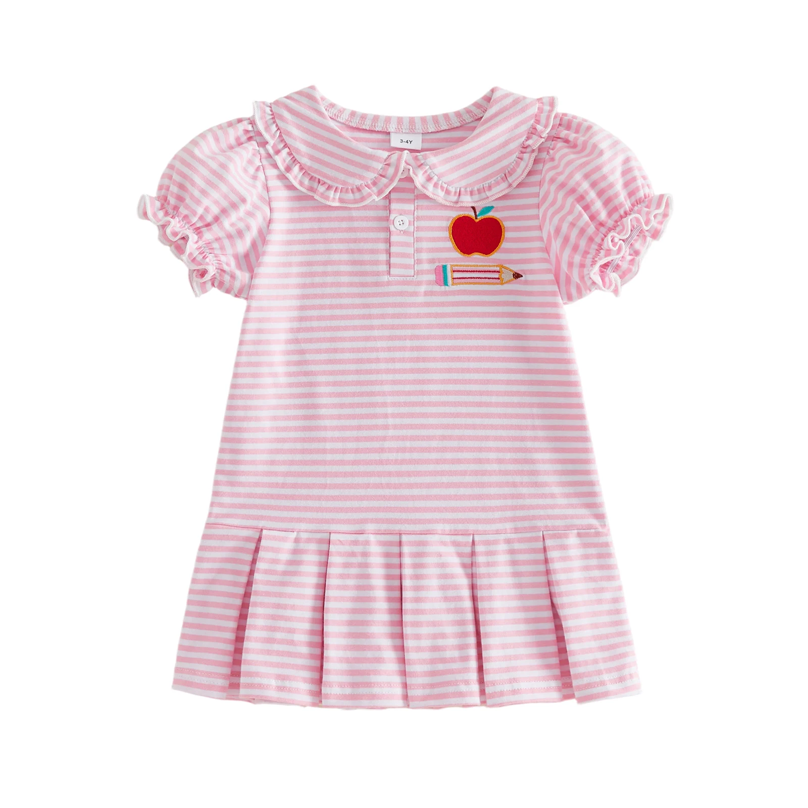 Girls Back To School Dress Striped Apple Pencil Embroidered Short Sleeve Doll Collar Pleated Dresses for Summer Spring