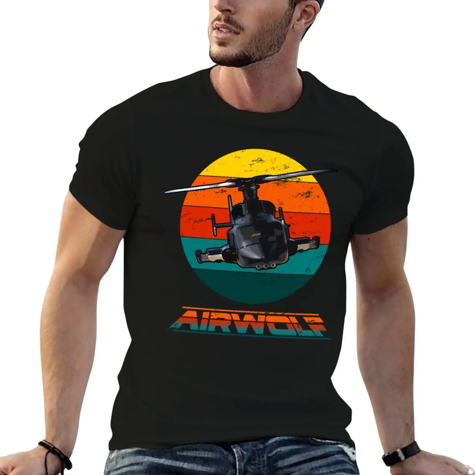 Airwolf Sunset 1980S Retro T-Shirt graphics anime figures Aesthetic clothing compression shirt men