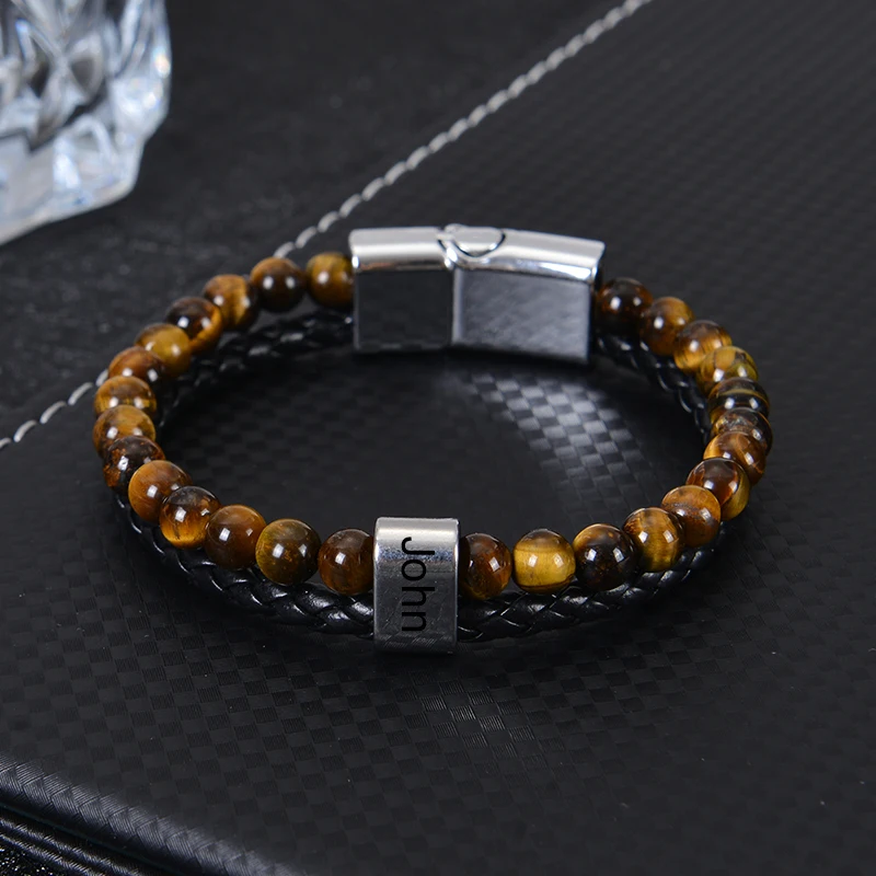 Custom Name Leather Beads Bracelet for Men 6mm Natural Tiger Eye Stone Personalized Engraved 1-6 Name Stainless Steel Bracelets