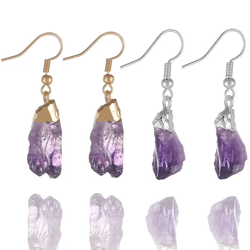 

Natural amethyst earrings, random amethyst rough stone plated earring European cross-border Amazon hot-selling jewelry