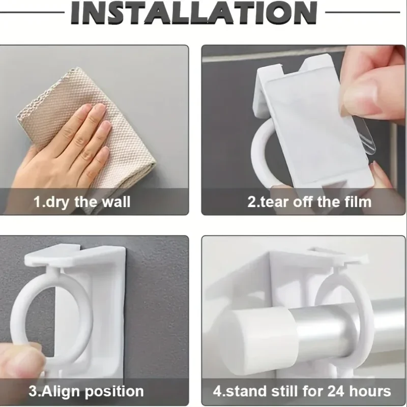 4PCS Rotating Hanging Ring Curtain Rod Telescopic Rod Fixed Bracket Kitchen Bathroom Multi-functional Storage Punch-free Hook