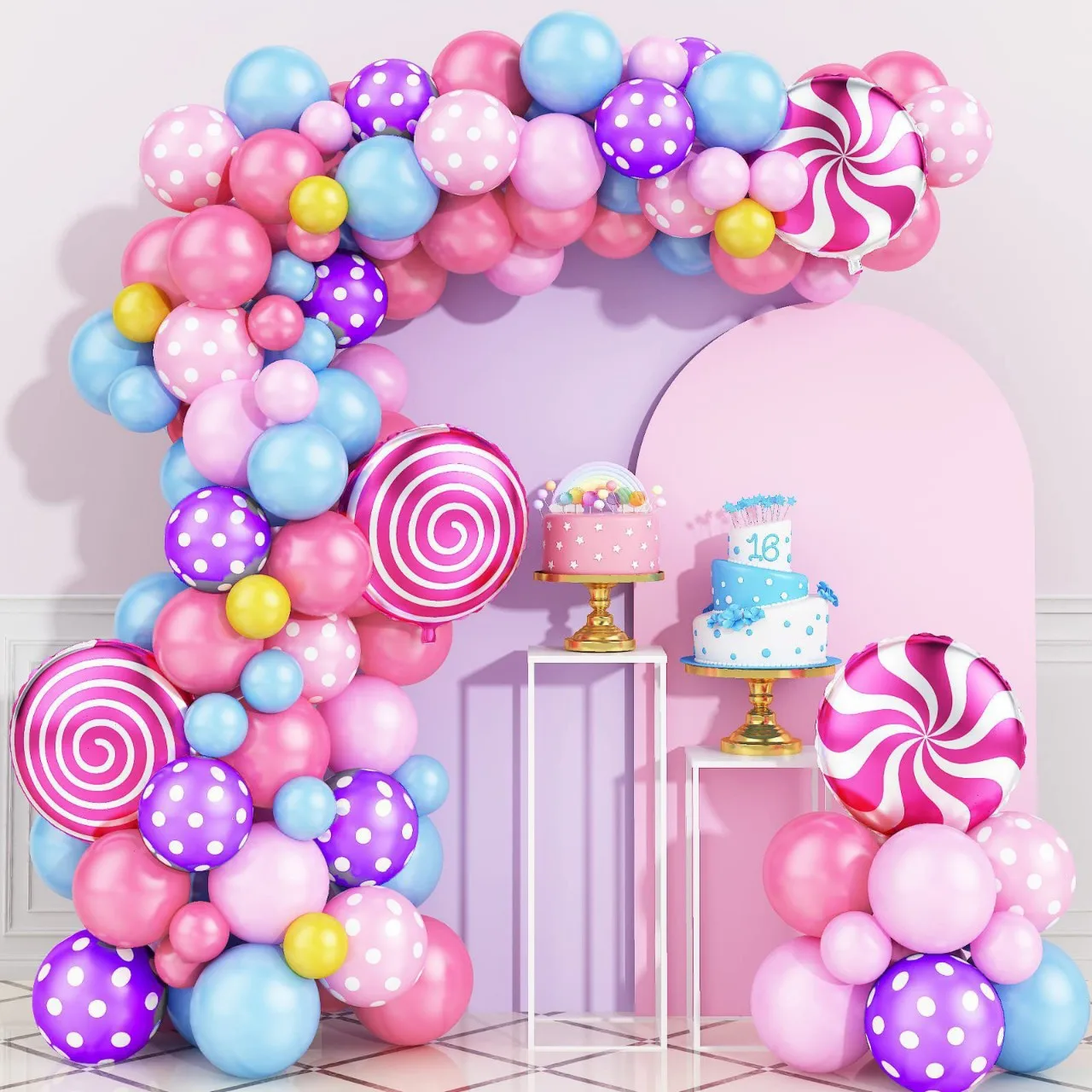 Neues verträumtes Regenbogen-Lutscher-Geburtstagsparty-Zubehör, Donuts, Erdbeeren, Tupfen, Geburtstagsballon-Set-Kombination