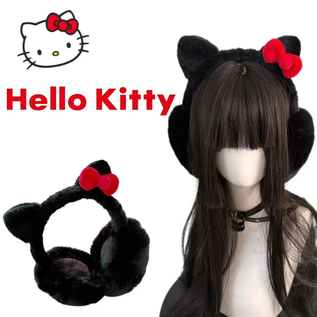 Cache-oreilles pelucheux Hello Kitty foncé, pinces à cheveux et bandes de cheveux pour femmes Y2k, mignon, doux, noir, accessoires de couvre-chef confortables