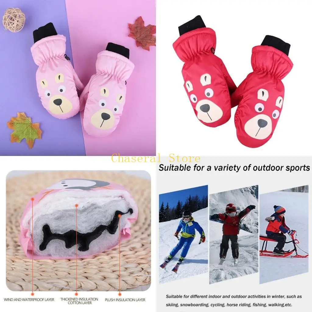 

E7ce Водонепроницаемые детские лыжные перчатки милые медвежьи узор детей ветропроницаемые перчатки мультфильм