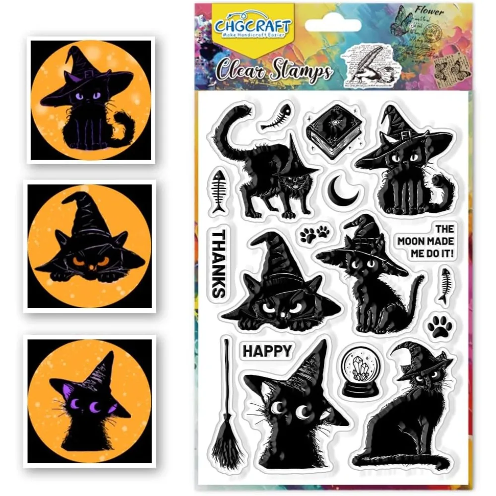Halloween Witches Festival Black Cat Clear Stamps Magic Book Transparent Stamps Ball Clear Stamp Decoration 4.3x6.3 inch