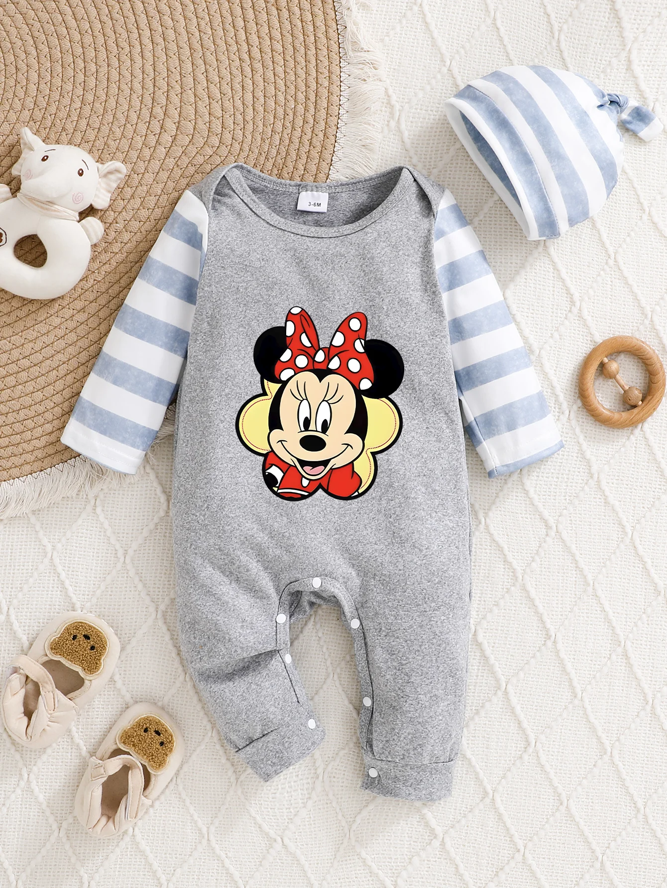 

【Officially Authorized】 Disney Minnie Mouse Baby Hooded Jumpsuit | Gentle & Snuggly Fabric, Striped Sleeve Graphic