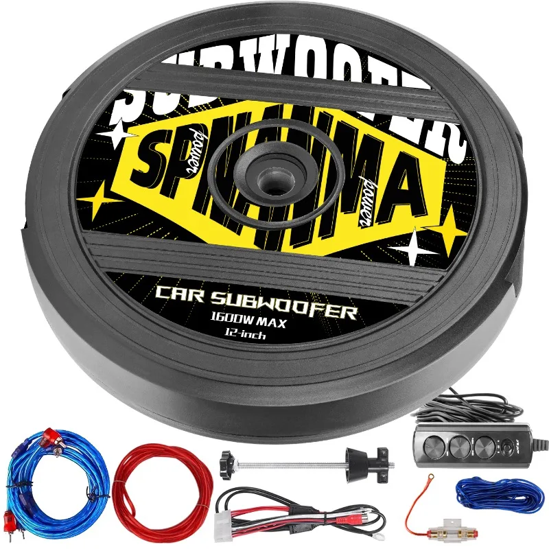1600W 12 Inch Spare Tire Subwoofer with Built-in Amplifier Cast Aluminum Structure Speaker with Wired Remote for Car Audio
