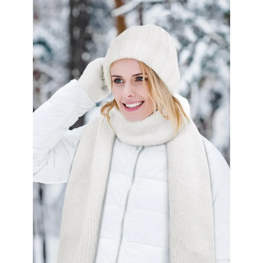 الشتاء قبعة قبعة وشاح قفازات، الدافئة الصوف متماسكة قبعة وشاح طويل الرقبة أدفأ شاشة تعمل باللمس قفازات الشتاء مجموعة هدايا للنساء