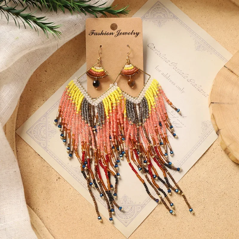 Rice bead earrings Tassel Gradient Pendant Geometry Hand knitting Bohemia Alloy Fashion Simple Beaded earrings