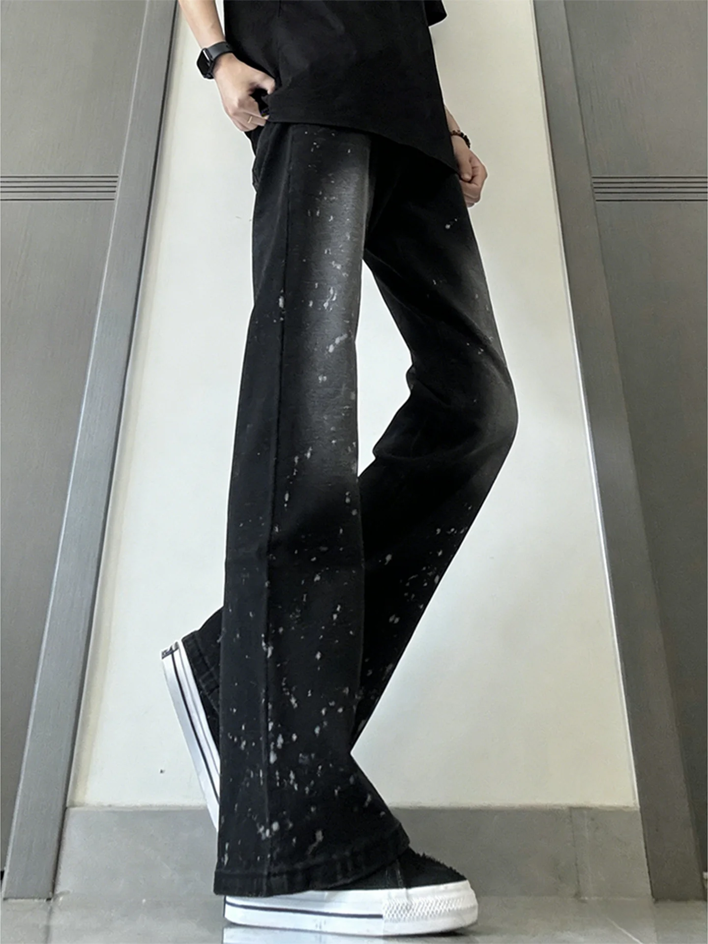Gradient Black Ink Spray Paint Point Men's Straight Leg Jeans American High Street Vibe Style Wear Resistant Cotton Polyester...