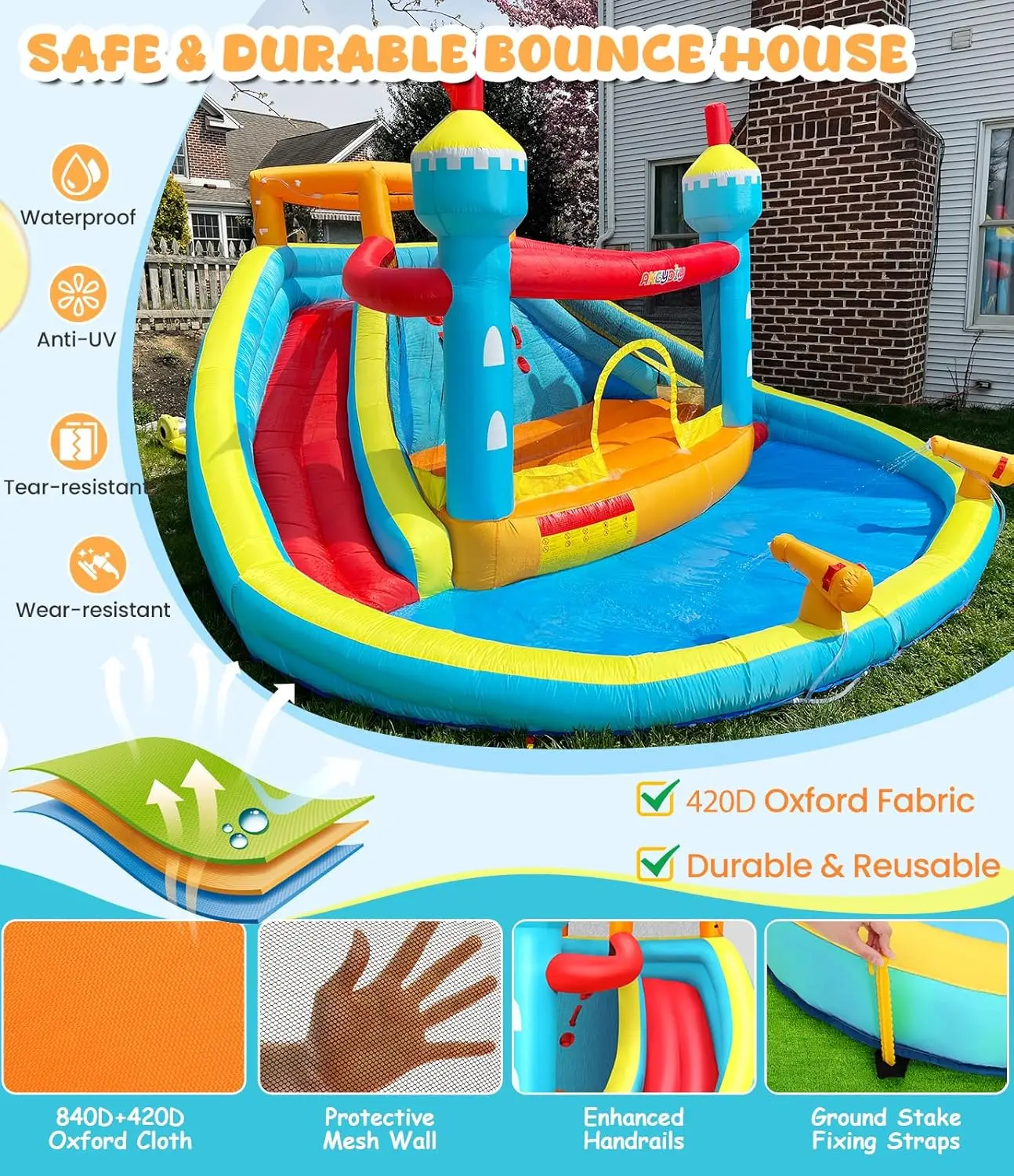 Casa inflável do salto da corrediça da água de 14.1x13.8ft para crianças, castelo inflável do salto da casa inflável do corrediça da água com/2 corrediça, área de salto, p