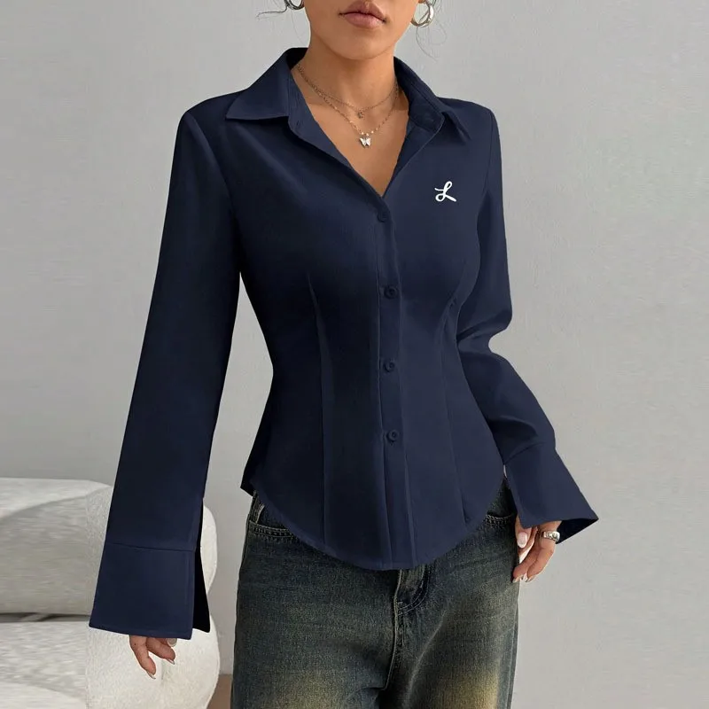 Solid Color Long Sleeved Single Breasted Slim Fit Casual Embroidered Shirt Spring Autumn New Women's Clothing Elegant Top