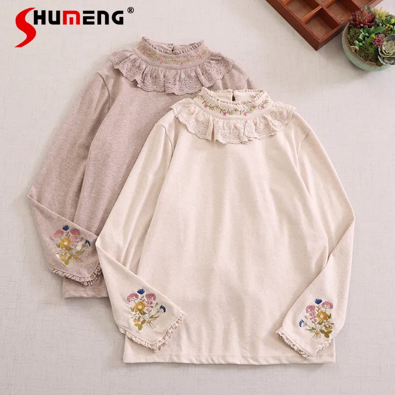 

Японская женская универсальная блузка-футболка с вышивкой в стиле «Мори-гёрл», с воротником-стойкой, длинным рукавом и кружевом, весна 2026