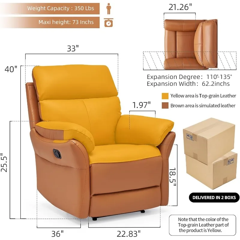 Leather Recliner Chair for Adults,Top-Grain Leather,with Lumbar Support, High Back Theater Seating,Multilayer Sponge