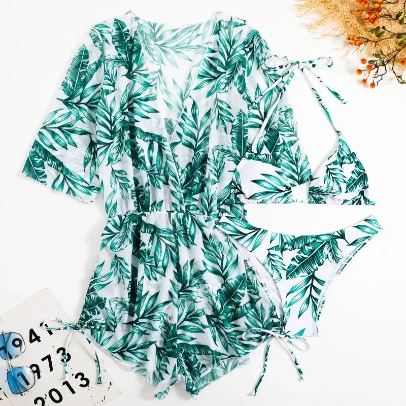 

Sexy Print Drawstring Three Piece Bikini Set Swimsuit Bathing Suit Women Beach Cover Up Swimming Suits Jumpsuit Rompers Swimwear