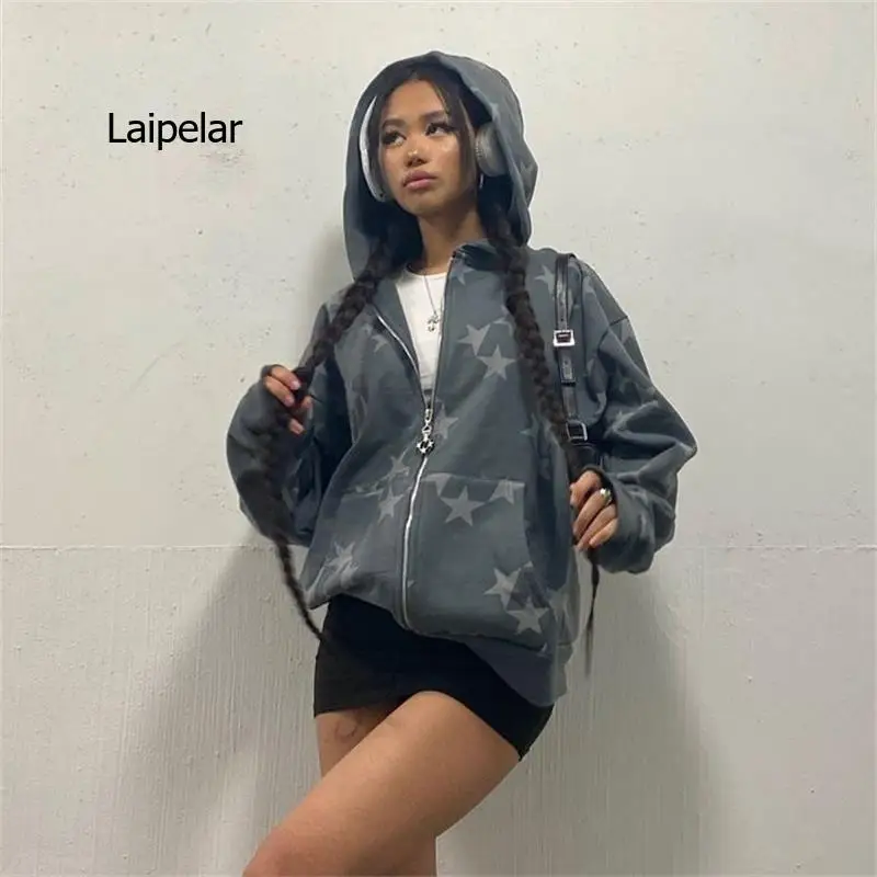 

Star print hoodie women retro trend loose zipper cardigan jacket ins fashion oversized couple y2k sweatshirt 2022 new streetwear