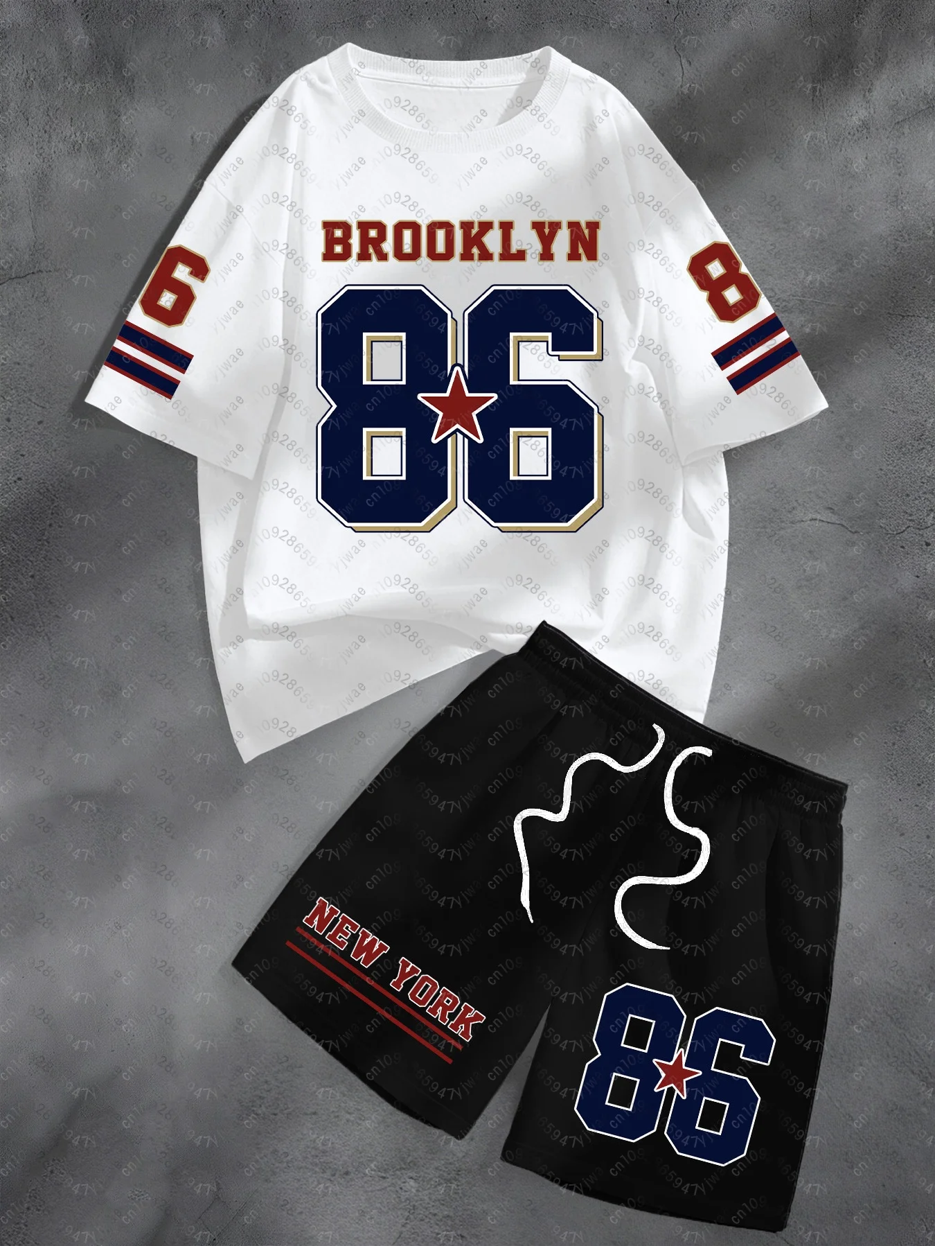 

Summer Men's Casual Brooklyn NO.86 Print Short Sleeve T-Shirt & Shorts Set Round Neck Short Sleeved Women's T-shirt Shorts Set