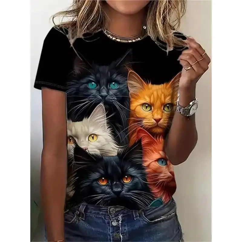 Animal Cat 3D Print T-Shirts Women Summer Short Sleeve Cute Animal T Shirt Y2k Harajuku O-Neck Tees Top Female Pullover Clothing