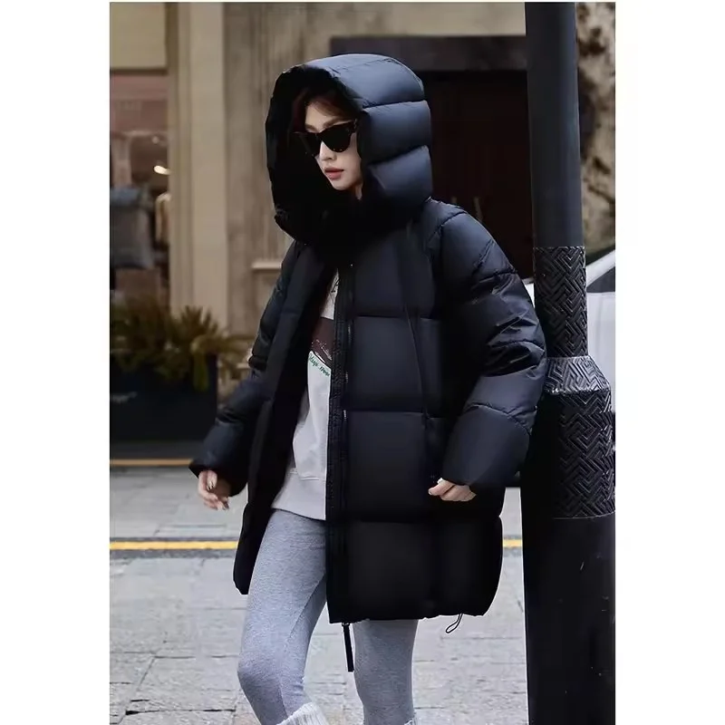 2025 invierno nuevo abrigo cálido para mujer Chaqueta larga de algodón con plumón moda con capucha mujer acolchado suelto Be All-Match ropa de abrigo de pan