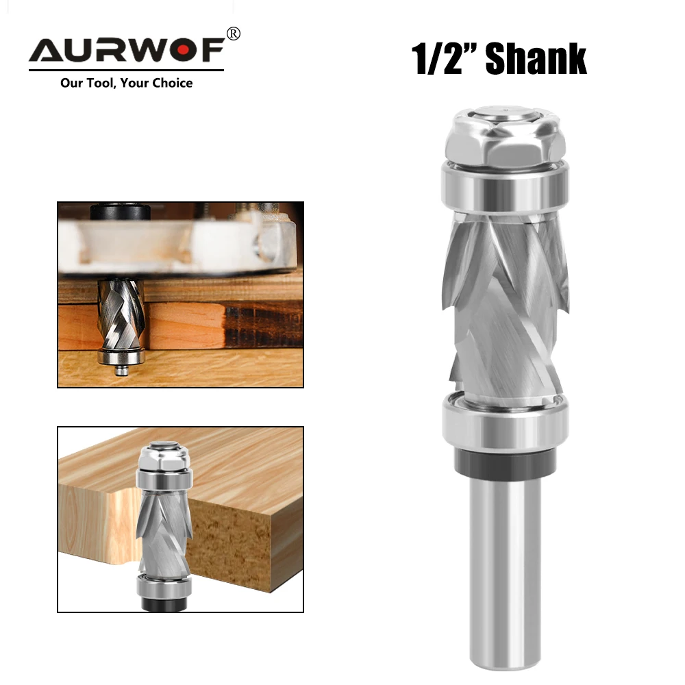 

AURWOF 1PC 1/2 Shank Bearing Ultra-Perfomance Compression Flush Trim Solid Carbide CNC Router Bit For Woodworking End Mill Z13C