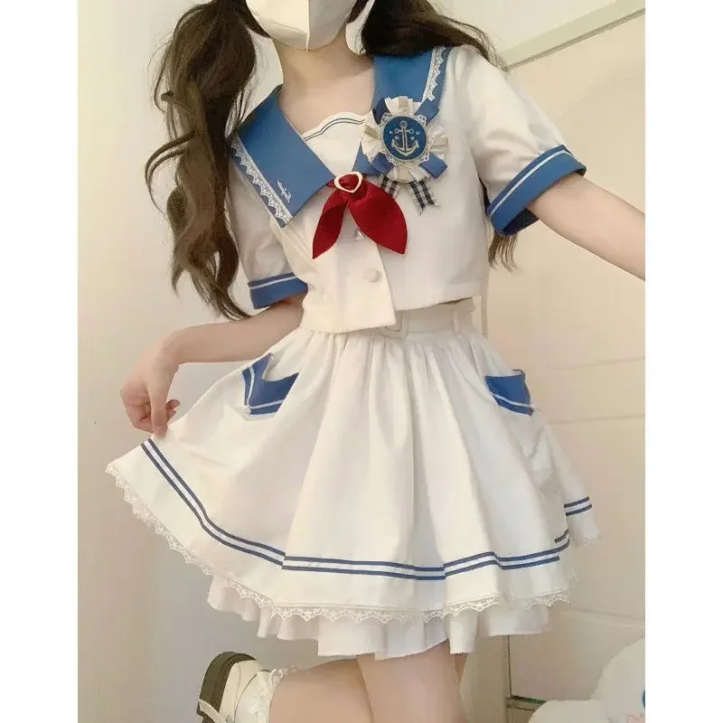 Sweet Girl Jk Uniform Set Summer Navy Collar Bow Short Blouse Top High Waist Fluffy Short Skirt Set Two Piece Sets Women Outfits