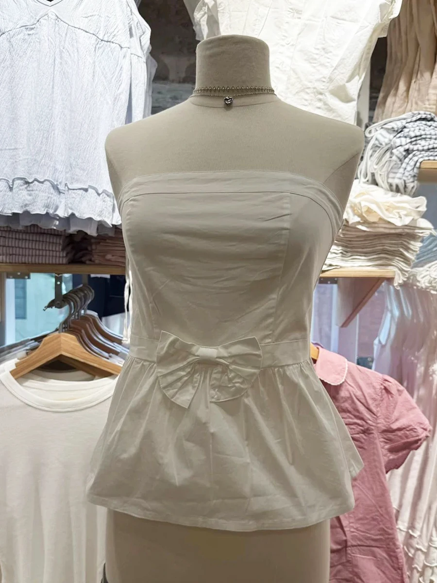 

Белая майка без бретелек с бантом, женская летняя хлопковая короткая жилетка на резинке сзади, женские элегантные милые вечерние топы-трубы, новинка