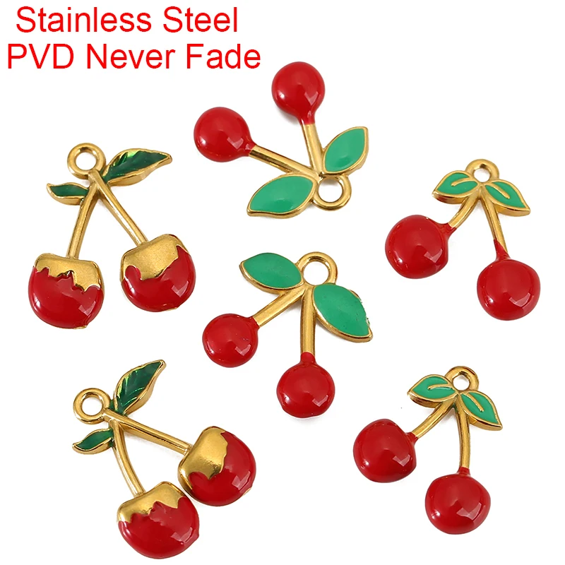 

2pcs Never Fade Stainless Steel Cherry Charms PVD Leaf Fruit Charms Necklace Pendants for DIY Earring Making Jewelry Findings