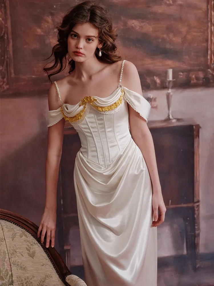 80-98cmBust ฤดูร้อนผ้าซาตินสีขาวชุดราตรี Vintage Elegant Slim เซ็กซี่ Backless ด้านหลัง Slit Strapless ชุด Brithday Party Dress