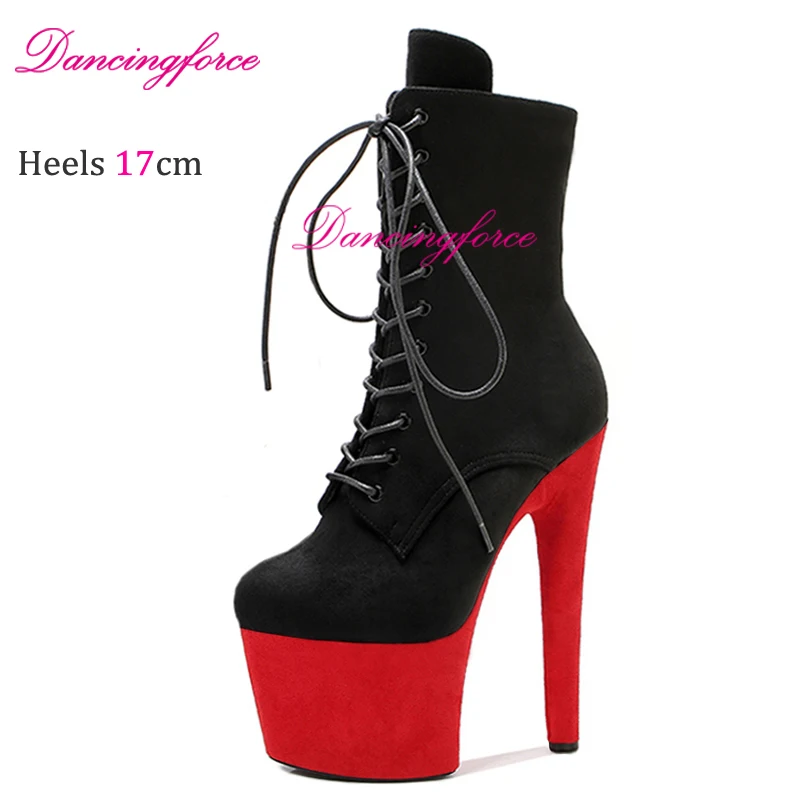 Sexy Black Red Faux Suede 17CM 7 Inch Ultra High Heels Stripper Platform Short Boots Women Fetish Pole Dance Gothic Strappy Shoe