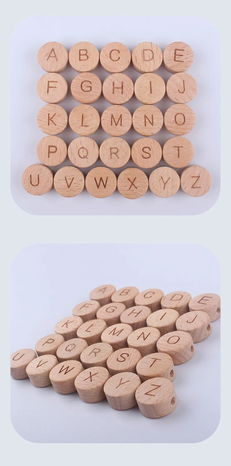 50 stücke Flache Runde Holz Alphabet Perlen Natürliche Holz Buchstaben Perlen Für DIY Baby Zahnen Halskette Armband Schnuller Clip Kette – Detail 3