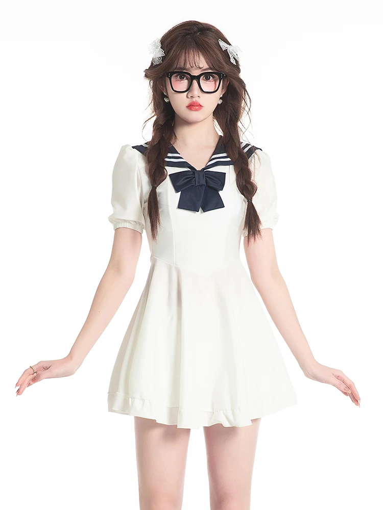 

2026 New Women's One-Piece Swimsuit Skirt Style Short Sleeve Cover-Up Cute School Uniform Sweet Navy Knot Conservat...