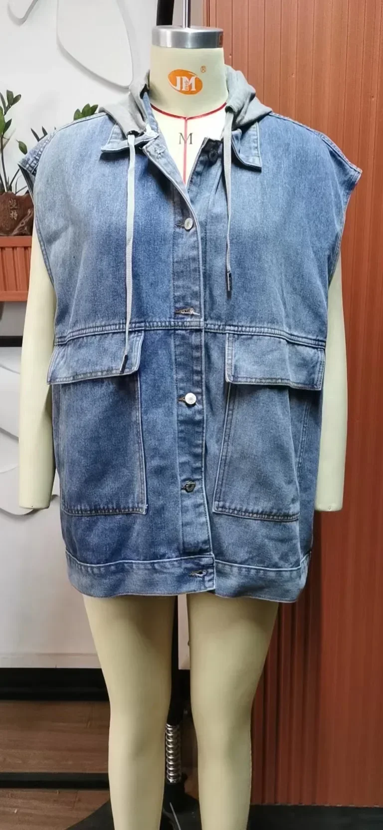 Chaleco vaquero para mujer, sin mangas, de retazos, con capucha, chaleco desmontable, bolsillos, chaqueta desgastada lavada de un solo pecho, abrigo informal