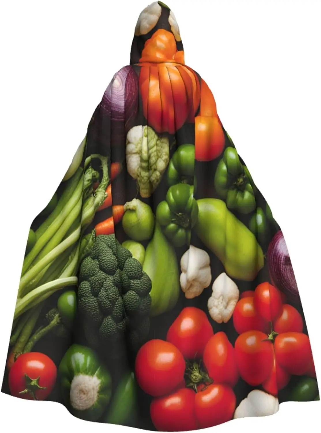 Introduction of Various Vegetables Print Hooded Cloak Halloween Costume Adult Size with Dramatic Cloak for Cosplays