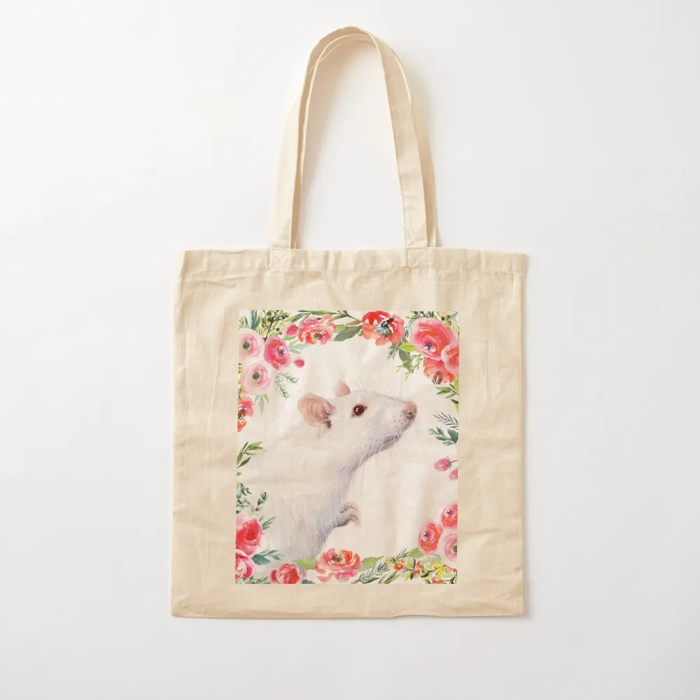 

White Rat and Red Flowers Watercolor Floral Animal Tote Bag Women's shopping bag Shopping bags Canvas Tote Bag