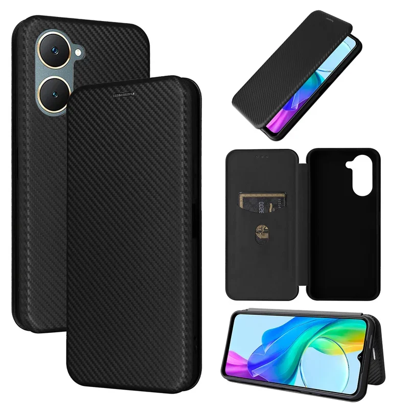 

For Vivo Y18E 4G Cover Luxury Anti-fall Purse Carbon Fiber Skin Magnetic Adsorption Case For Vivo Y28S 5G Phone Bags