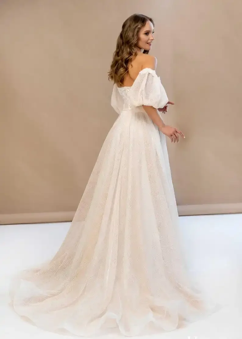 Simple Bridal Dress Lace Embroidered Wedding Dress Lantern Sleeve Dresses Nude Boho Bridal Gown Corset Custom Wedding Dress