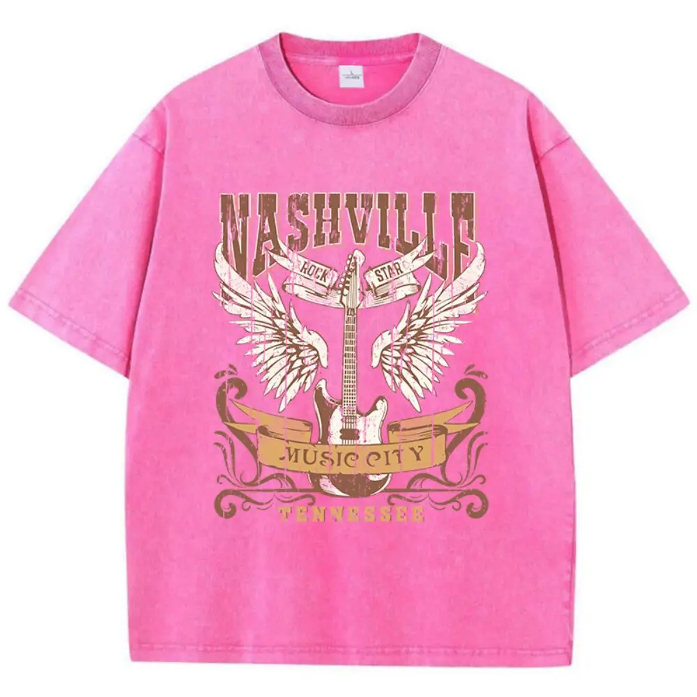 Summer Women Cotton Washed T-Shirts Nashville Music City Tennessee Print Tee Shirts Distressed O-Neck Loose Tops Female Clothes
