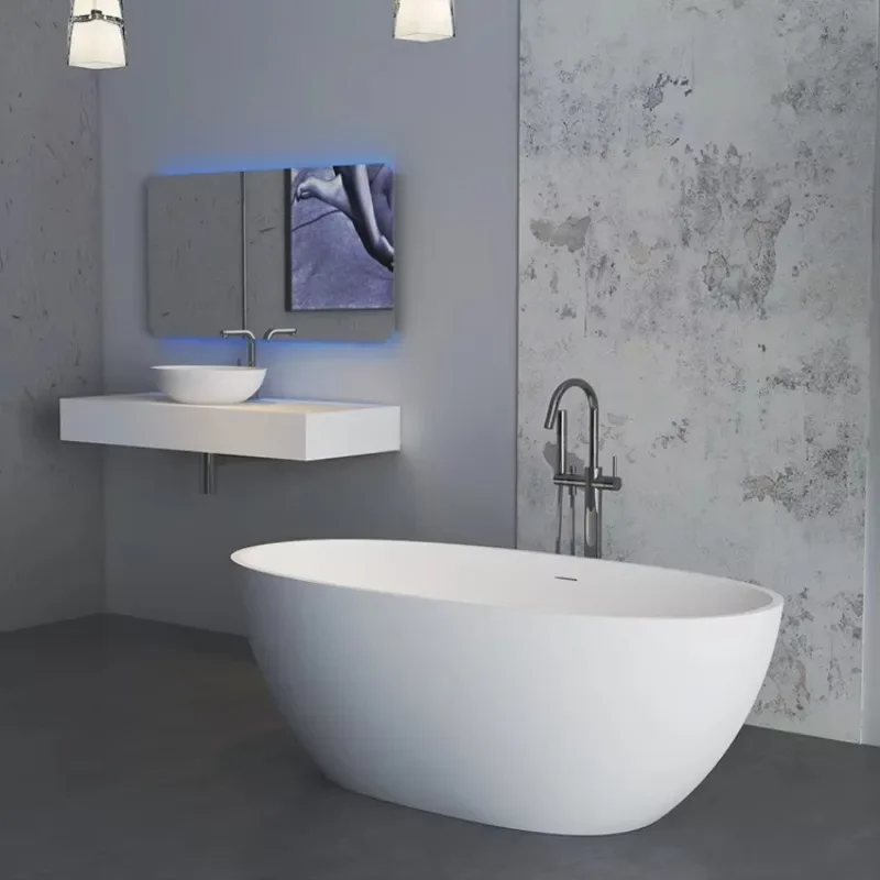 Hot Factory Direct Free Standing Waterfall Tap Resin Artificial Stone Bath Tub with Solid Surface for Bathroom Use