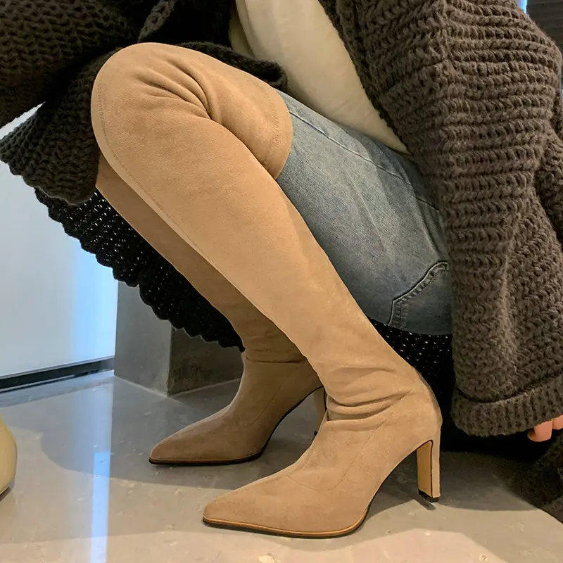 

Big Size 41 42 Kid Suede Leather Nude Color Pointed Toe Sexy Overknee Shoes Women Thick High Heels Thigh Long Sock Stretch Boots