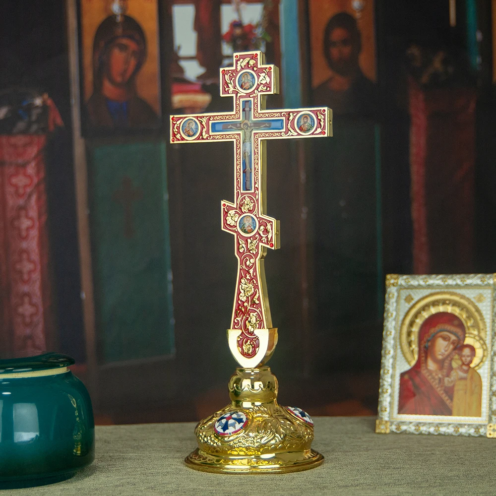 Hot Sale Alloy Orthodox Standing Crucifix Enamel Saint Icon Desktop Cross Religious Altar Ornament Church Worship Gift For
